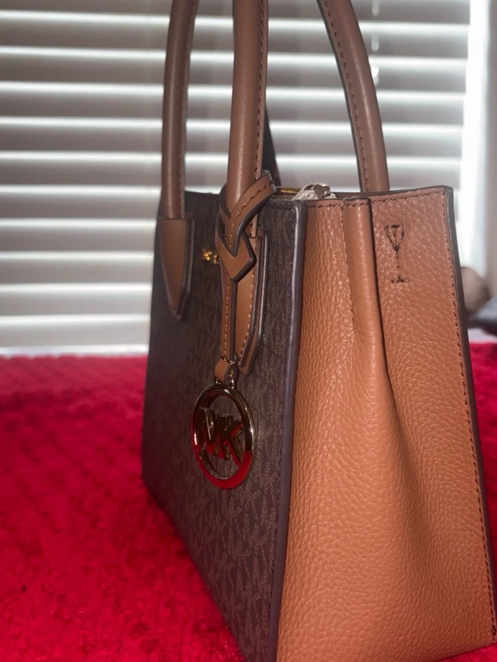 Michael Kors Brown MK Signature Satchel with Tan Handles